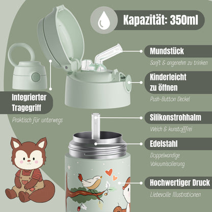 Thermo Kinder Trinkflasche Edelstahl - Eichhörnchen grün