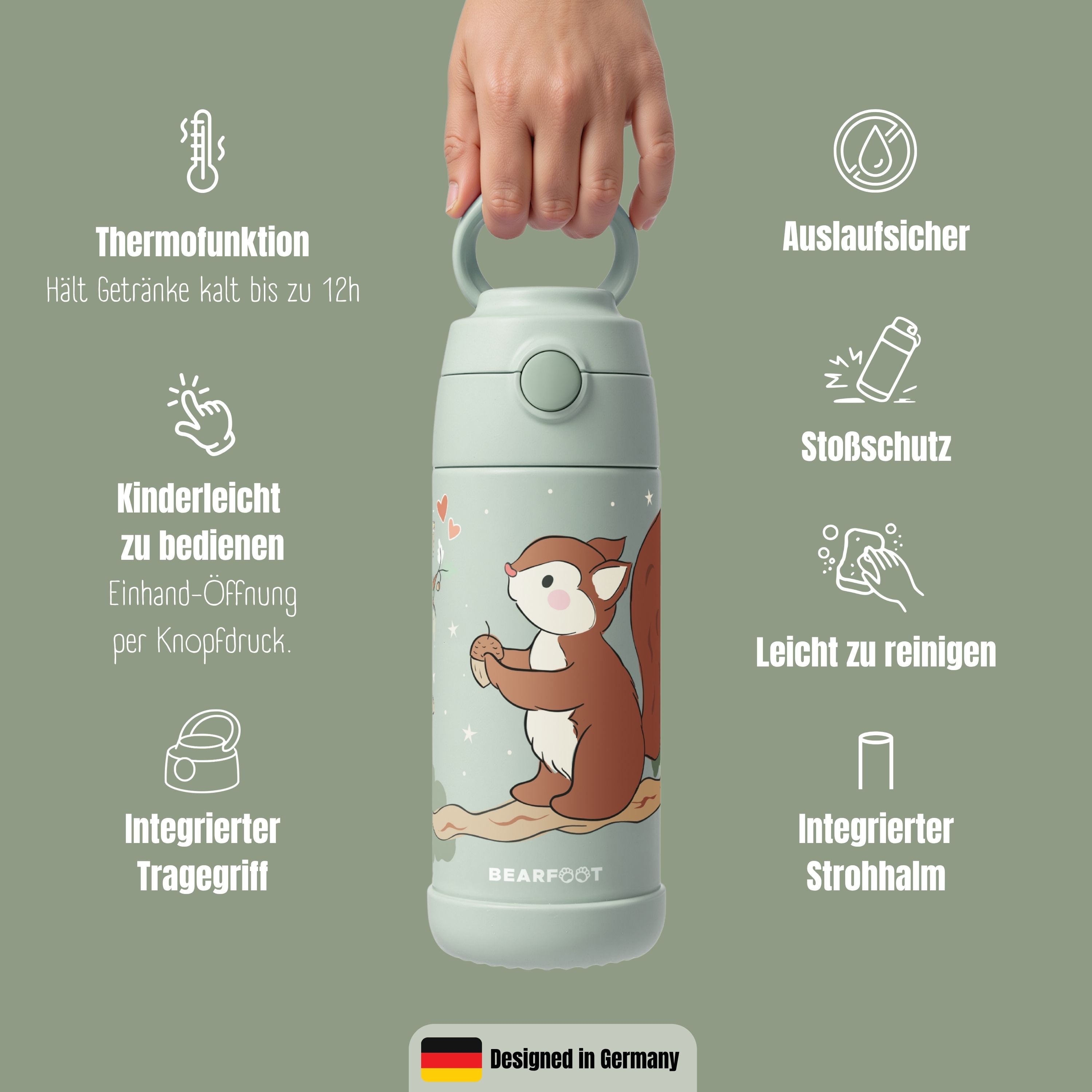 Thermo Kinder Trinkflasche Edelstahl - Eichhörnchen grün
