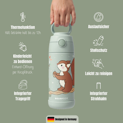 Thermo Kinder Trinkflasche Edelstahl - Eichhörnchen grün