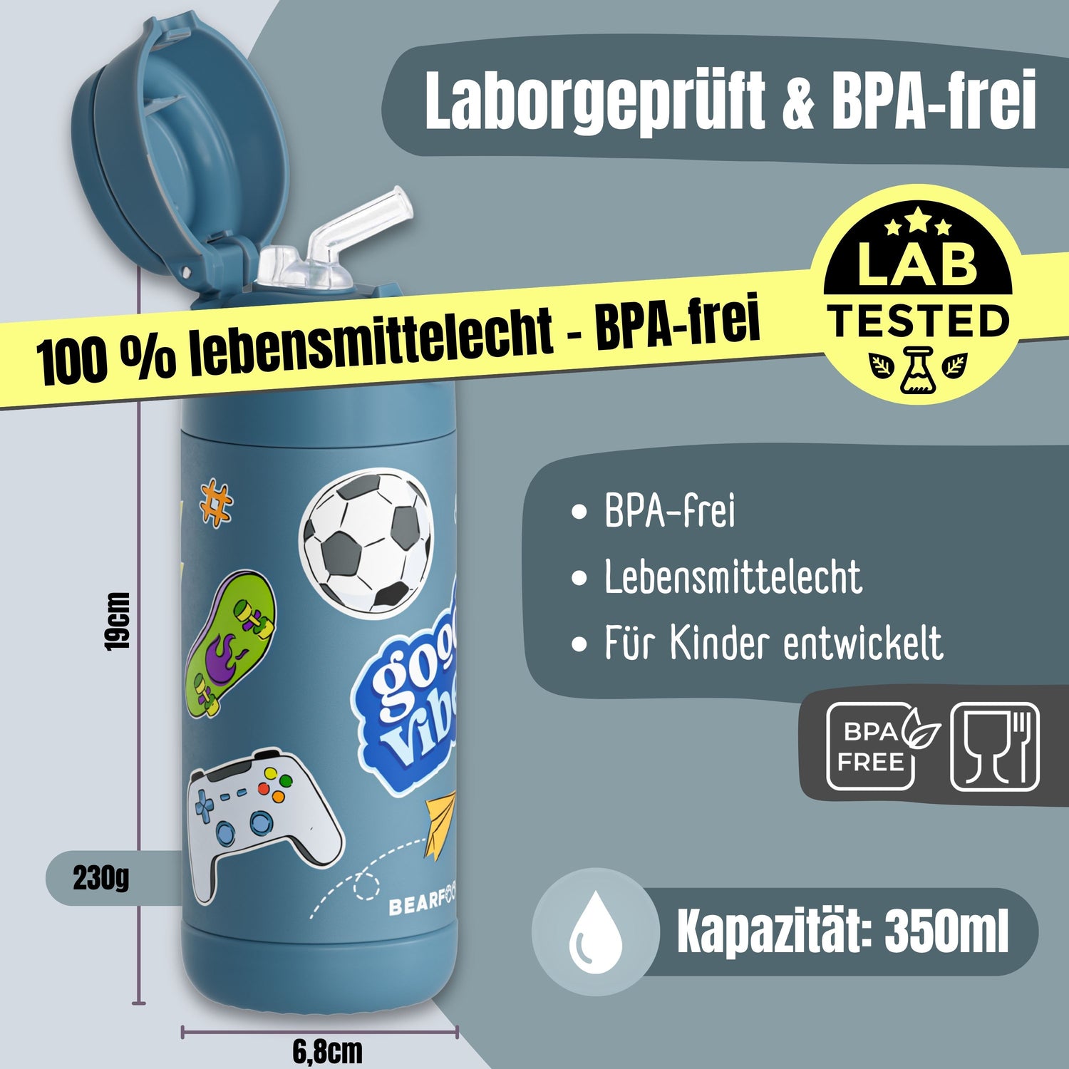 Thermo Kinder Trinkflasche Edelstahl - Sticker blau