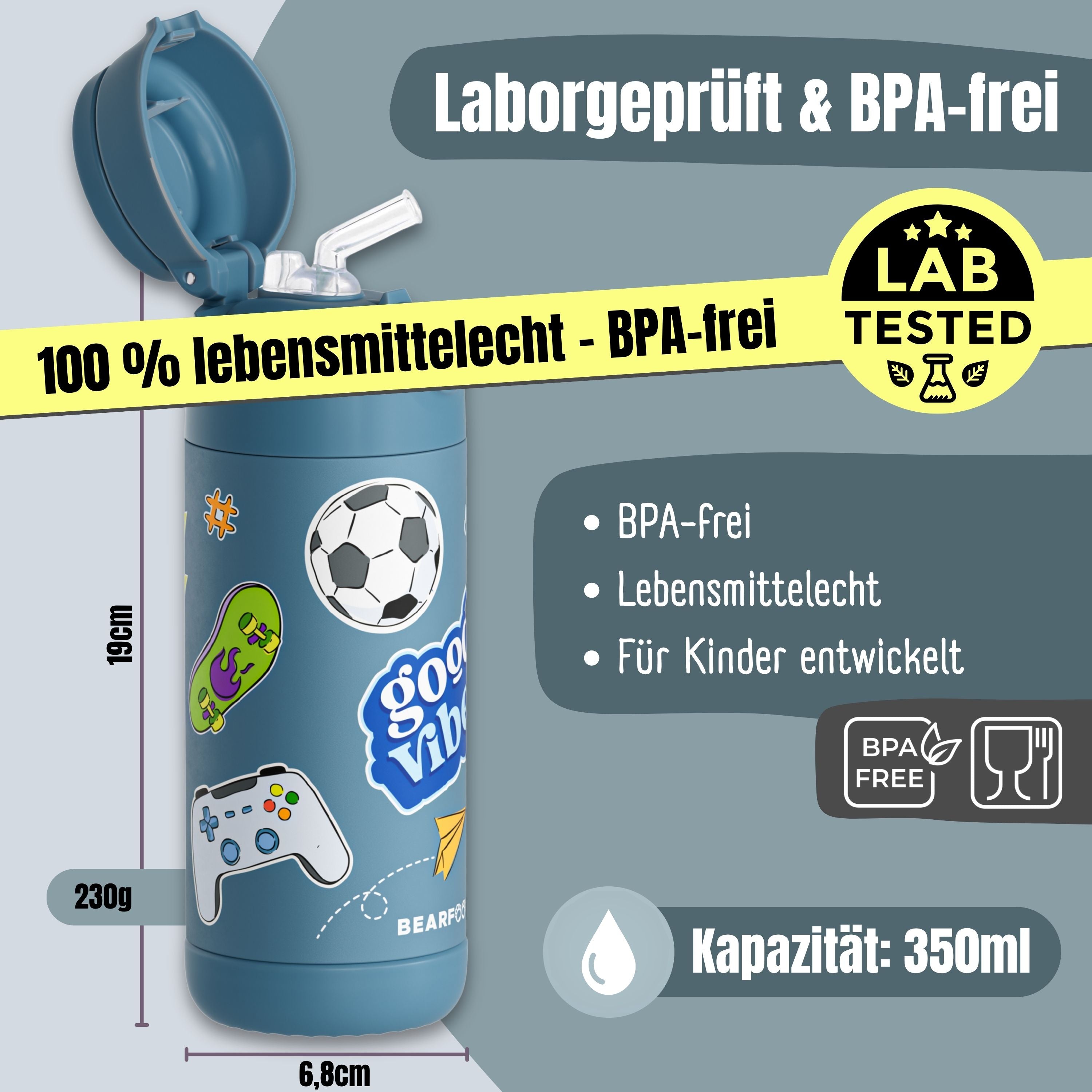 Thermo Kinder Trinkflasche Edelstahl - Sticker blau