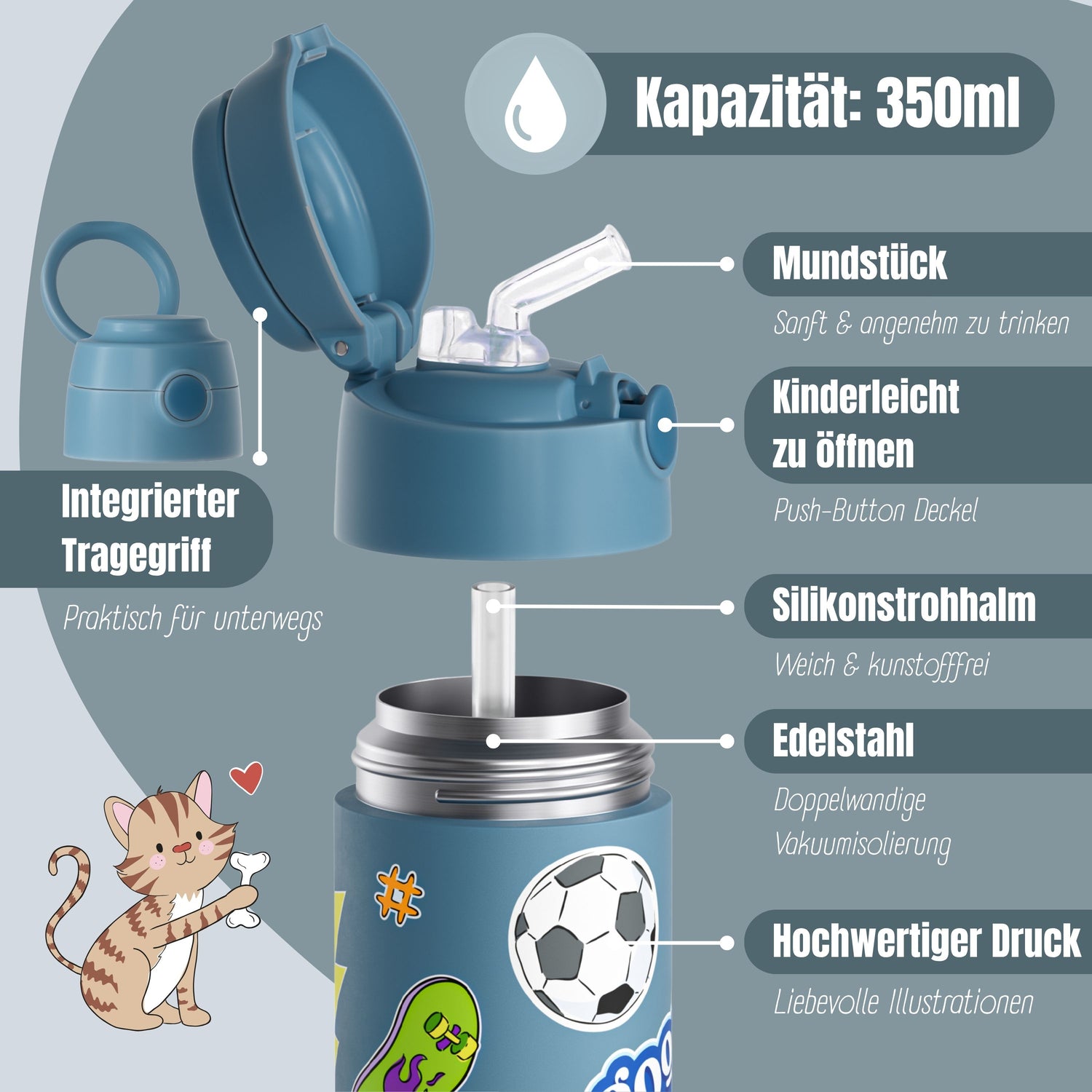 Thermo Kinder Trinkflasche Edelstahl - Sticker blau