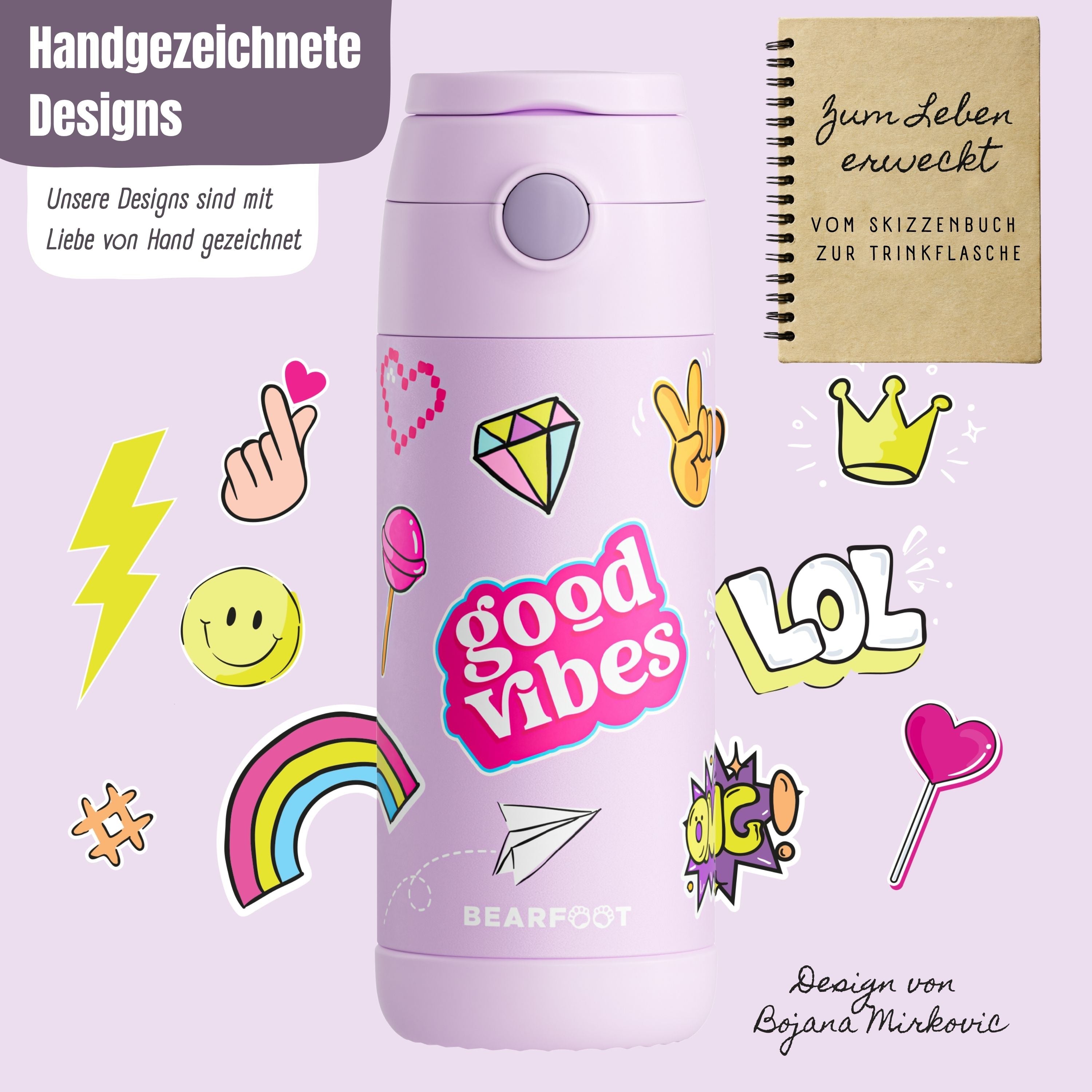 Thermo Kinder Trinkflasche Edelstahl - Sticker lila