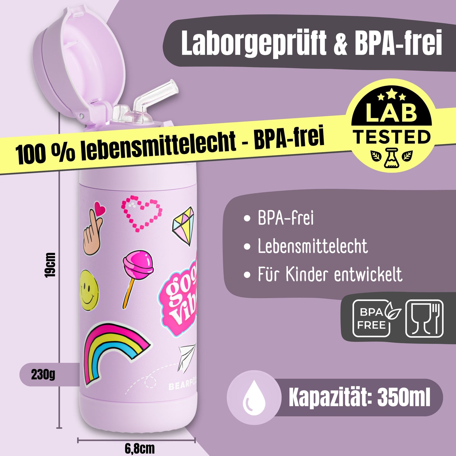 Thermo Kinder Trinkflasche Edelstahl - Sticker lila