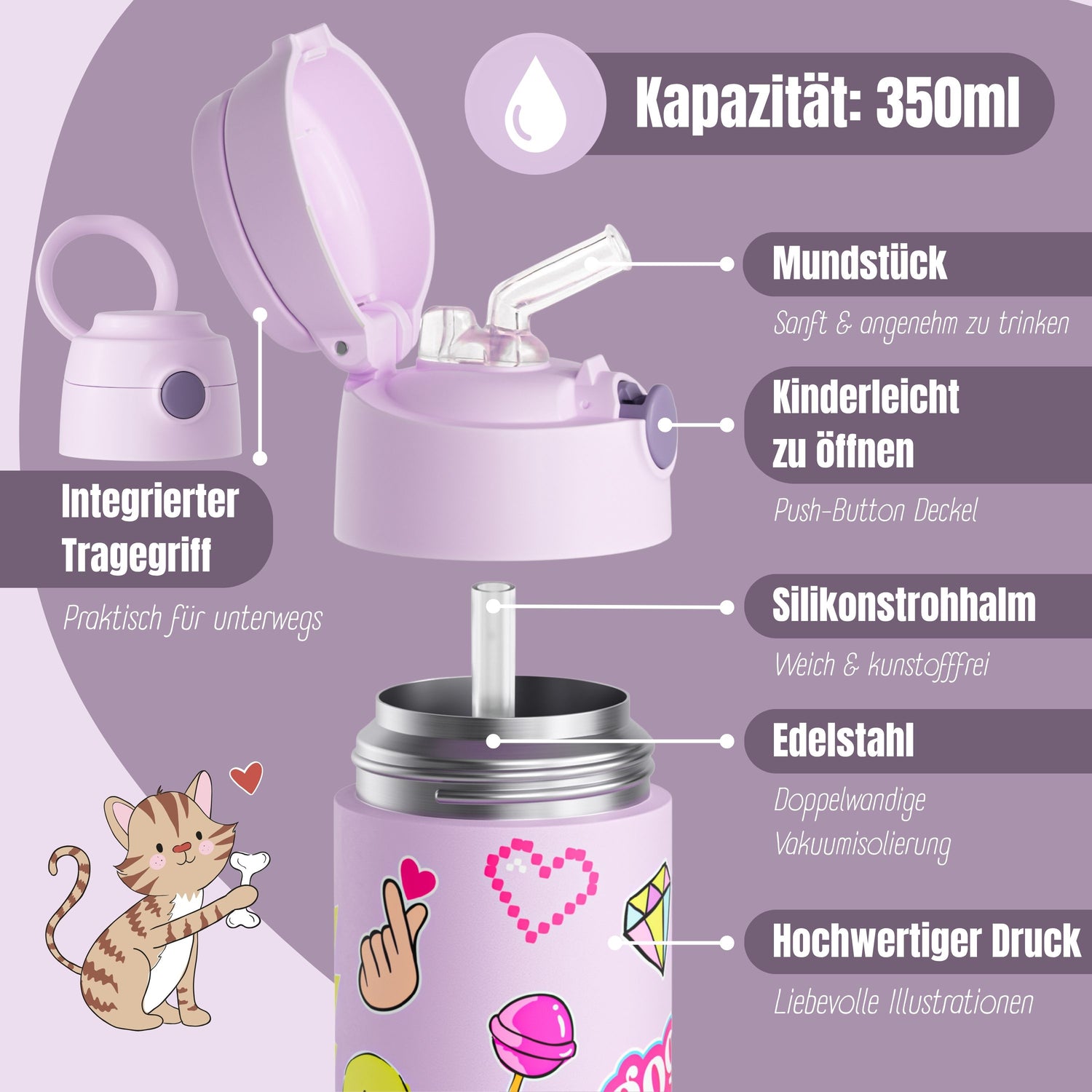 Thermo Kinder Trinkflasche Edelstahl - Sticker lila