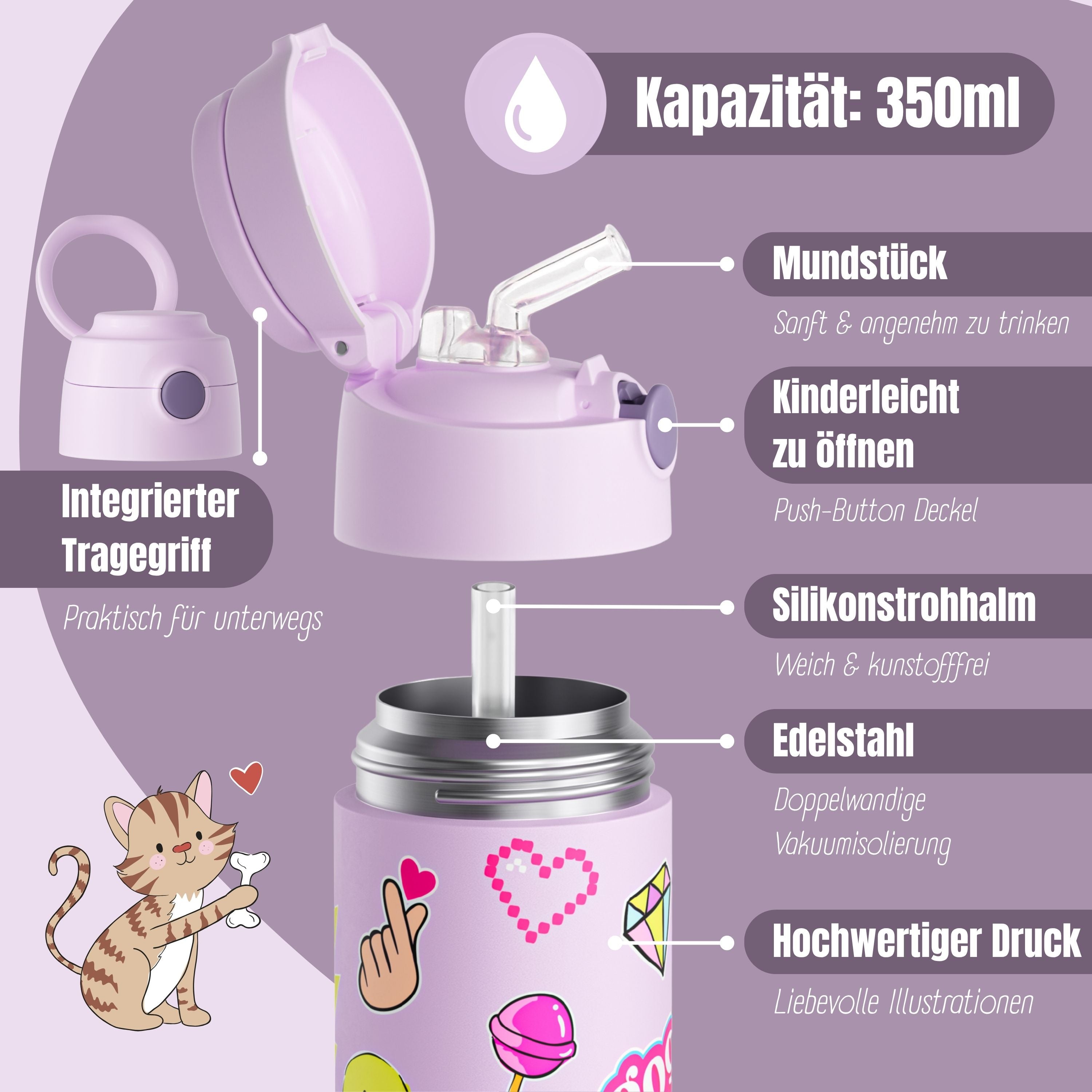 Thermo Kinder Trinkflasche Edelstahl - Sticker lila