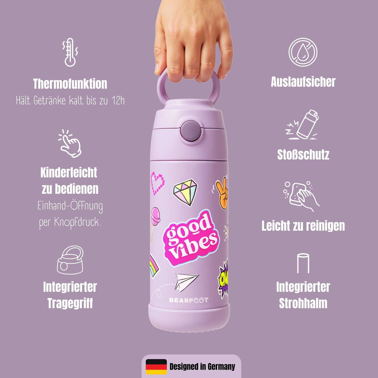 Thermo Kinder Trinkflasche Edelstahl - Sticker lila