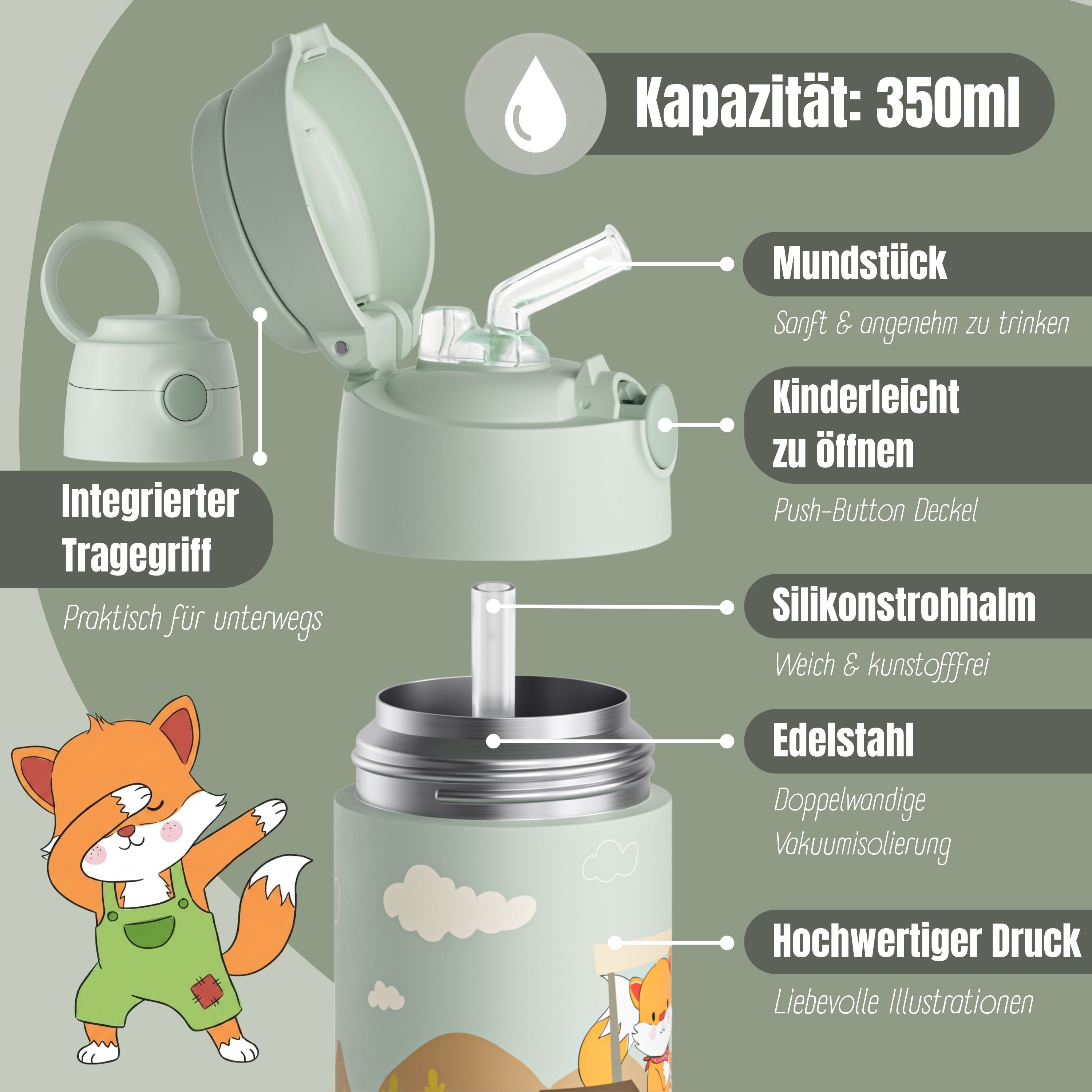 Thermo Kinder Trinkflasche Edelstahl - Traktor grün