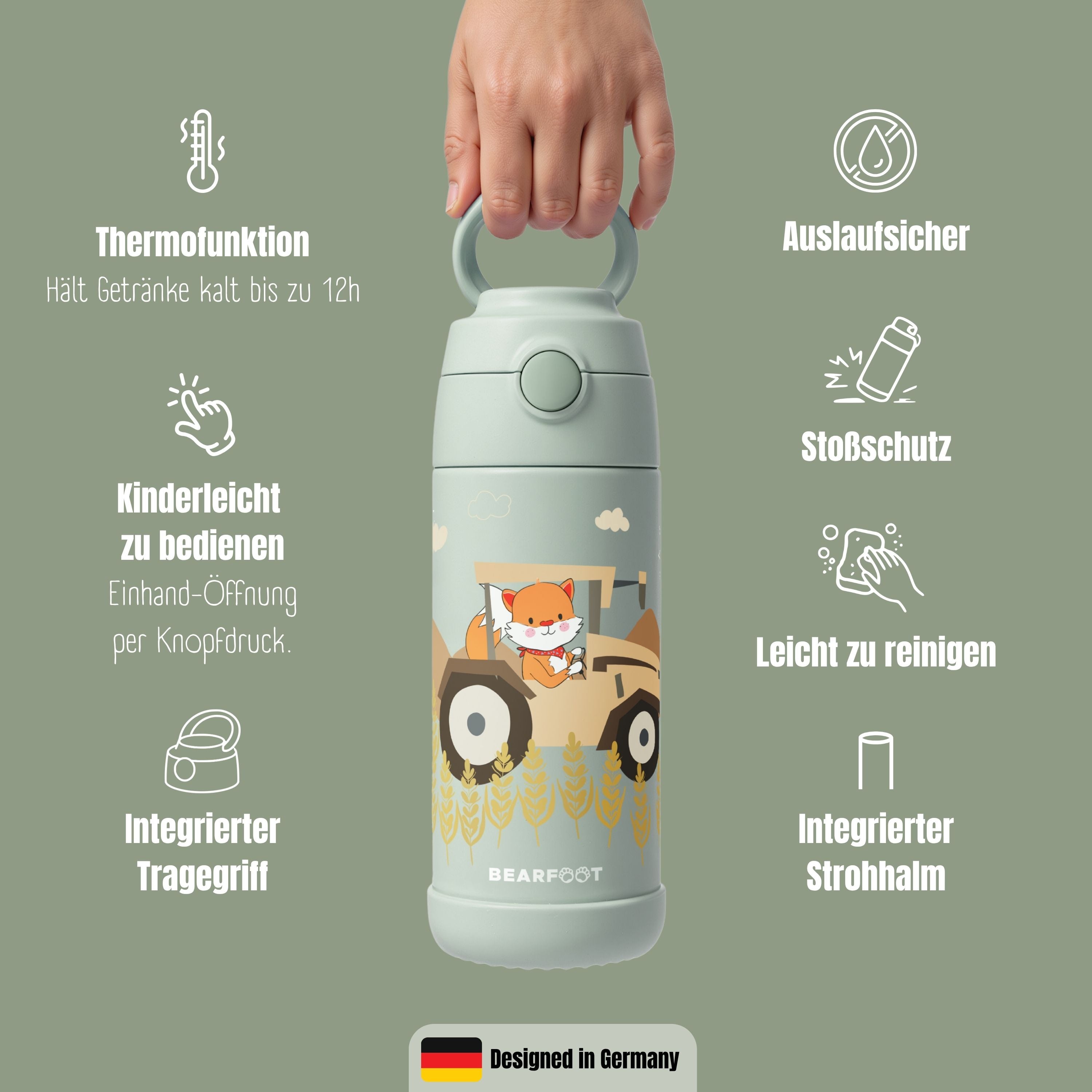 Thermo Kinder Trinkflasche Edelstahl - Traktor grün