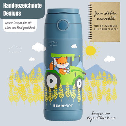 Thermo Kinder Trinkflasche Edelstahl - Traktor Fuchs blau
