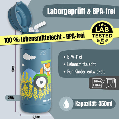 Thermo Kinder Trinkflasche Edelstahl - Traktor Fuchs blau