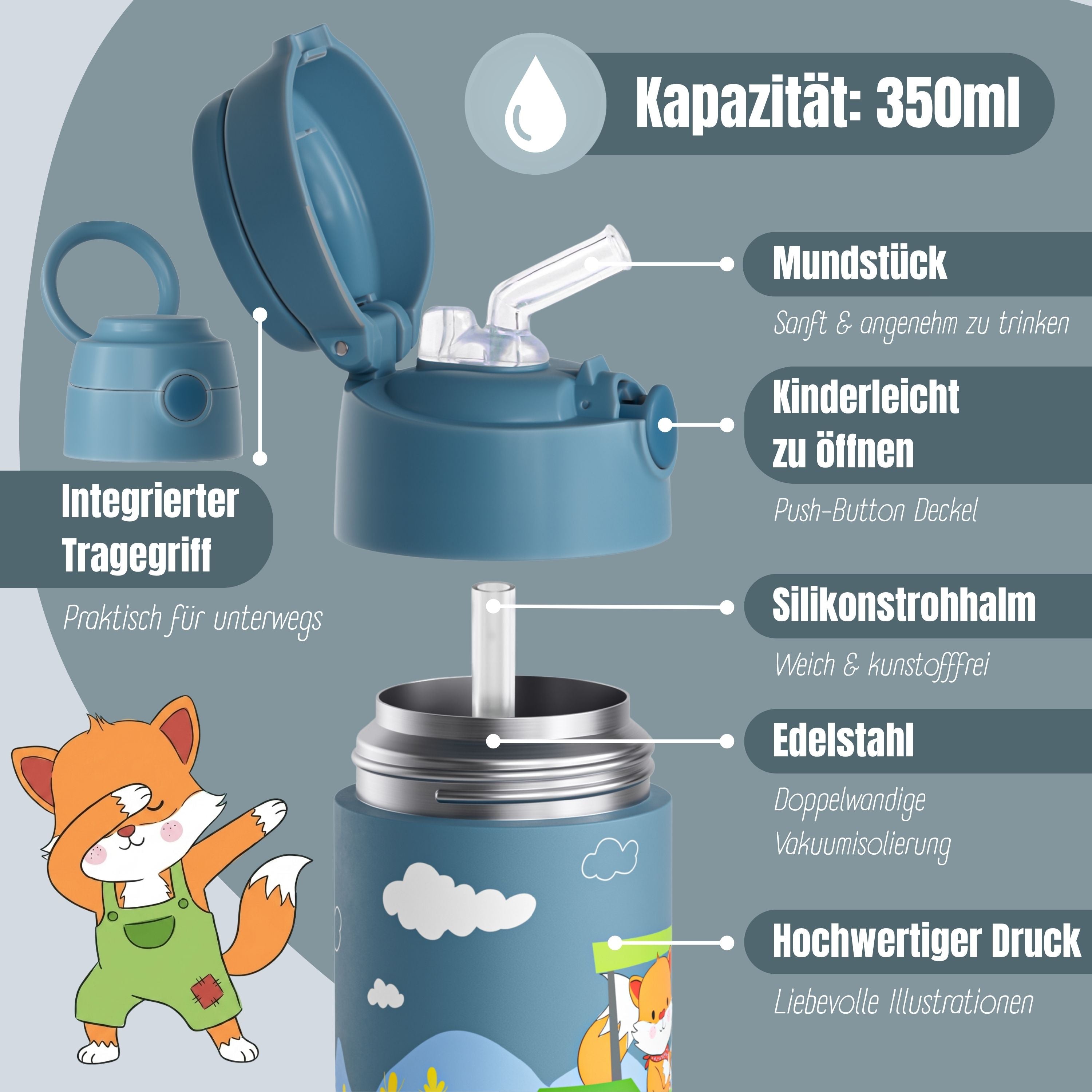 Thermo Kinder Trinkflasche Edelstahl - Traktor Fuchs blau