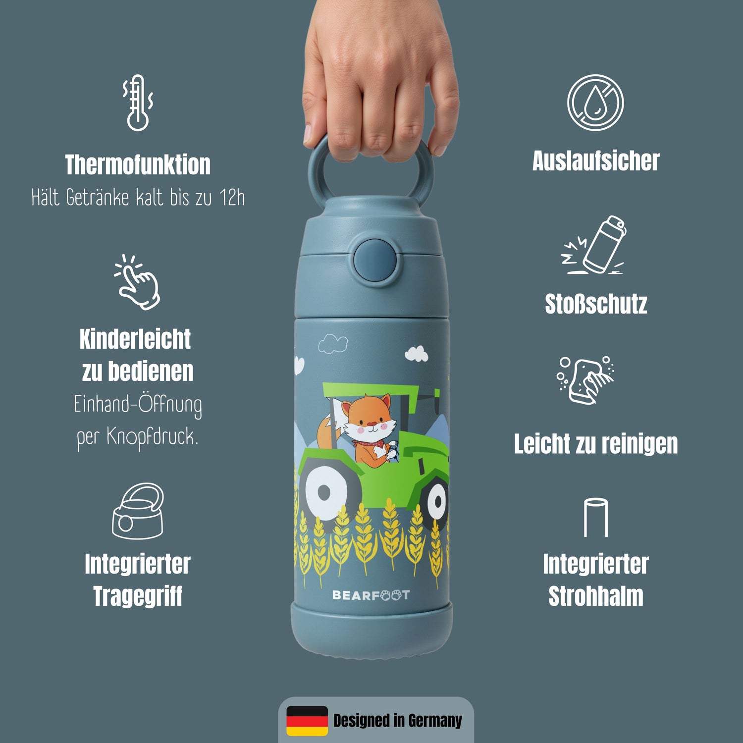 Thermo Kinder Trinkflasche Edelstahl - Traktor Fuchs blau