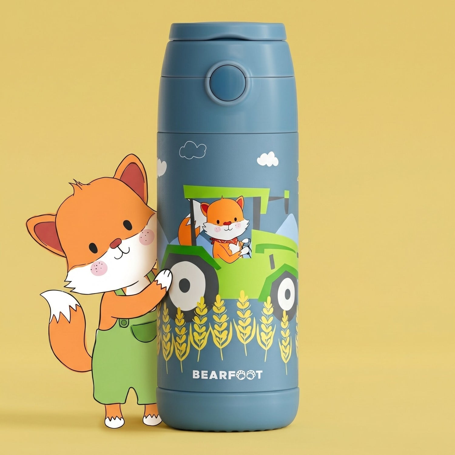 Thermo Kinder Trinkflasche Edelstahl - Traktor Fuchs blau