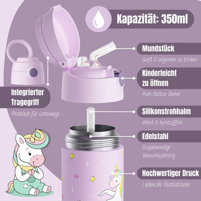 Thermo Kinder Trinkflasche Edelstahl - Einhorn lila